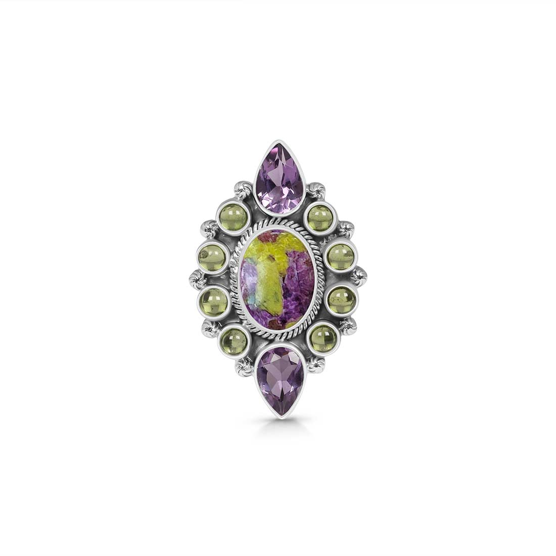 Stichtite, Peridot And Amethyst Flower Adjustable Ring-(SCT-FLR-5.)